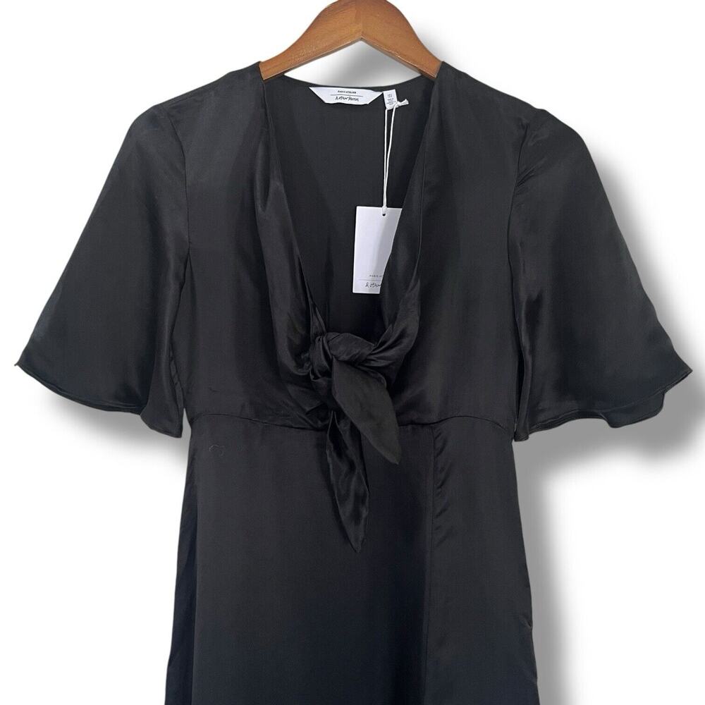 & Other Stories Black Silk Blend Satin Tie Front Midi Dress Sz 2 Flutter Sleeve - Picture 3 of 12